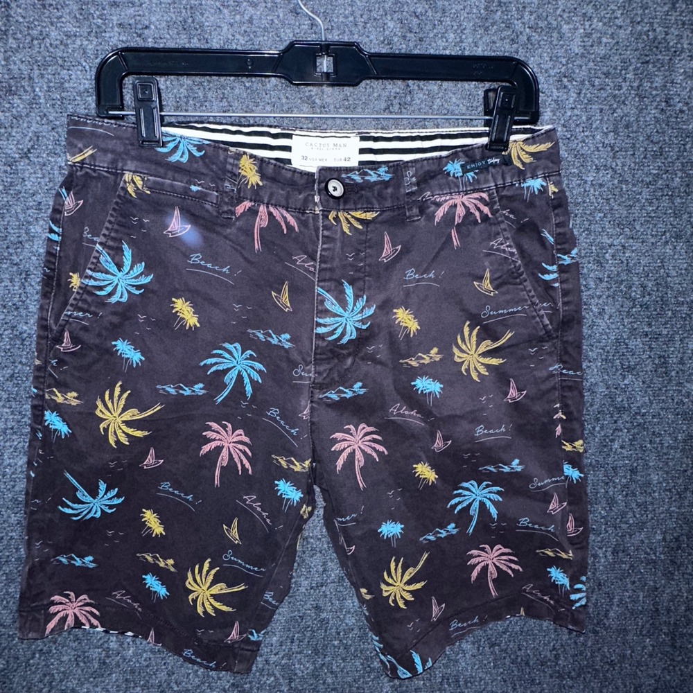 Cactus Man Ricky Singh Mens 32 Tropical Palm Tree Print Chino Shorts Brown Aloha